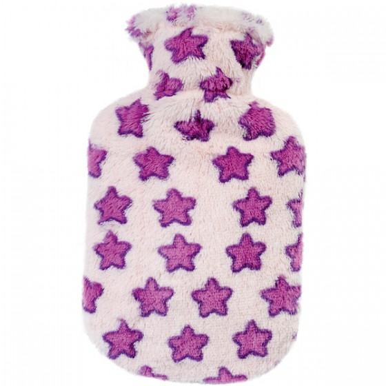 Warmwaterkruik - Roze met paarse sterren pluche hoes