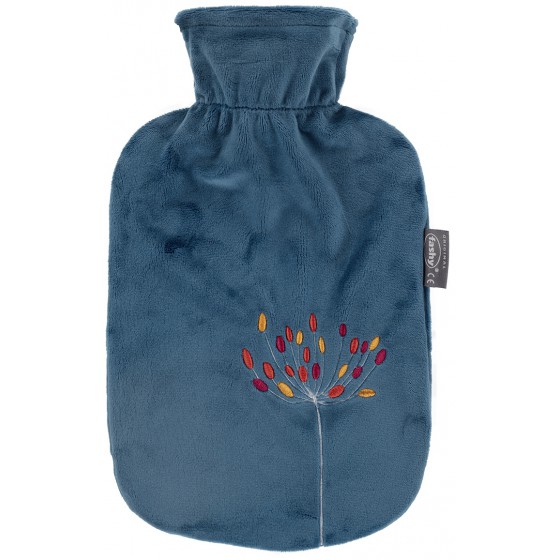 Warmwaterkruik - Zachte hoes petrol blauw met bloem